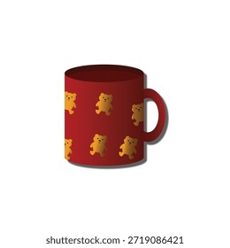 cup of coffee, Red ceramic mug with a repeating cute teddy bear pattern in yellow tones. Simple, playful illustration style, suitable for kids products, gifts, or character-themed designs