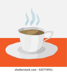 Cup of coffee. Red table. Vector illustration.