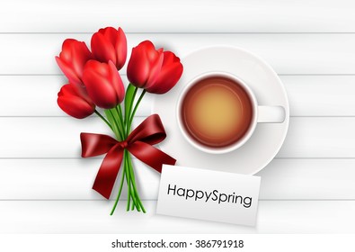 Cup of coffee with red tulips and red ribbon on a white wooden background.Vector