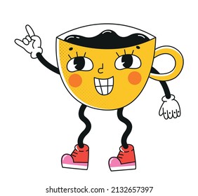 Cup Of Coffee. Retro Cartoon Character In Old Animation Style. Line Art. 