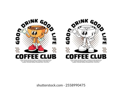 cup of coffee retro cartoon character mascot illustration with standing and offering something pose for beverage, restaurant, cafe mascot and merchandise