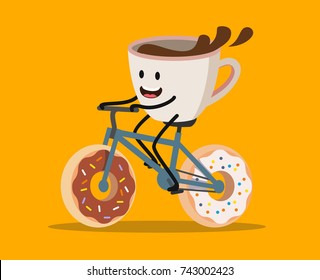 Cup of coffee riding bicycle with donuts weels