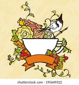 cup of coffee with rose vintage painting drawing banner