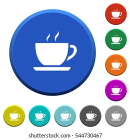 Cup of coffee round color beveled buttons with smooth surfaces and flat white icons