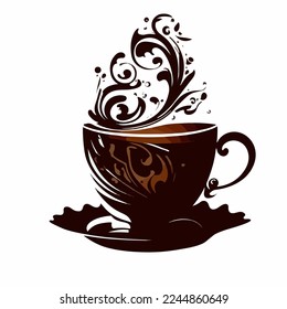 A cup of coffee with a saucer and abstract patterns in the form of steam. Vector illustration, print for background, print on fabric, paper, wallpaper, packaging.