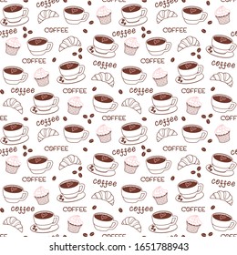 A Cup of coffee and a saucer, coffee beans, a croissant, a muffin, inscription.  Brown and pink drawings on a white background. Vector seamless pattern for printing on packaging, fabric, textile, menu
