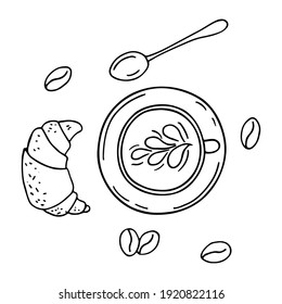 A cup of coffee with a saucer and beans. Croissant and spoon. View from above. Design for menus, cafes, greeting cards, posters, t-shirts, banners, printable invitations. Vector. Doodle.