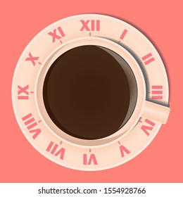 Cup of coffee and saucer in the form of a modern watch. Fashionable stylish flatlay design