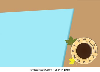 A cup of coffee and saucer in the form of a modern watch. Fashionable stylish holiday flatlay design. Vector EPS 10