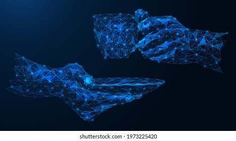 Cup of coffee and saucer in hand. A break in the workplace. Polygonal construction of lines and points. Blue background.
