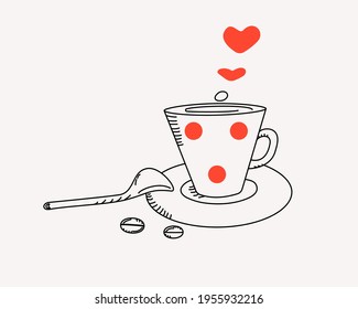 A cup of coffee with a saucer and a spoon. Vector graphics in doodle style. Isolated background.