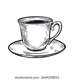Uma xícara de café com um pires, uma xícara de chá. Todos os objetos são desenhados à mão com tinta. Ilustração vetorial é adequado para impressão em tecido, papel, para projetos de cafeína e confeitaria, design de cozinha.