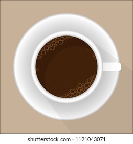 A Cup of coffee and saucer, top view flat design-Vector Realistic Illustration.