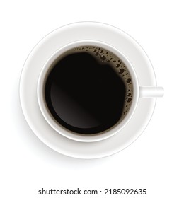 A Cup of Coffee and saucer, top view, realistic vector on white background.