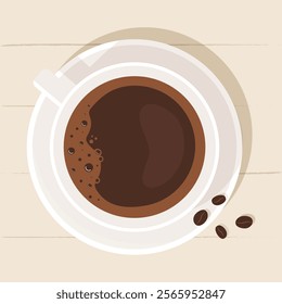 Cup of coffee with saucer top view. Vector flat illustration.