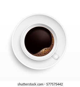 A Cup of Coffee and saucer, top view, realistic vector