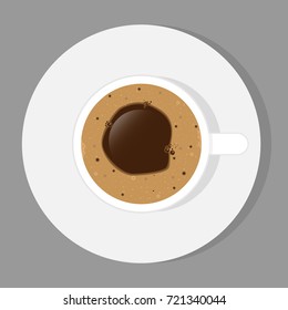 A Cup of Coffee and saucer, top view, realistic vector illustration. Espresso with foam and bubbles.