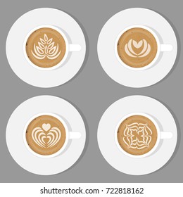 Cup of Coffee and saucer, top view, realistic vector illustration. Cappuccino with drawing on foam surface, set
