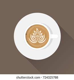 Cup of Coffee and saucer, top view, realistic vector illustration. Cappuccino with drawing on foam surface