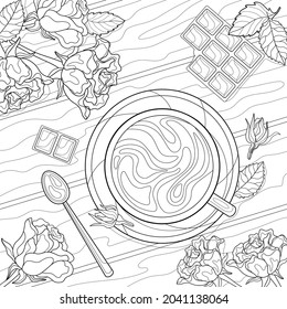 A cup of coffee with saucere and spoon, rose, leaves and buds on the wooden table, chocolate. Romantic cozy illustration on a white isolated background. For coloring book.
