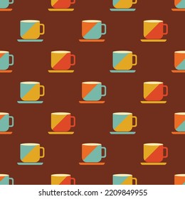 Cup coffee seamless pattern. Coffee background in retro color. Background for kitchen on retro style. Vintage design for print on wrapping paper, wallpaper, packaging, menu. Vector illustration