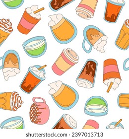 Cup of coffee seamless pattern in cartoon style. Hand drawn background coffee mugs for fabric, wallpapers, wrapping paper, cards. Vector illustration.