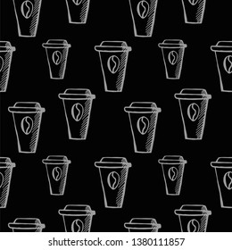 cup of coffee seamless pattern. hand drawn vector illustration on black background
