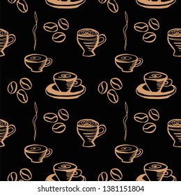 cup of coffee seamless pattern. hand drawn vector illustration on black background