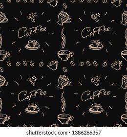 cup of coffee seamless pattern. hand drawn vector illustration on black background