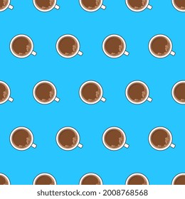 Cup Of Coffee Seamless Pattern On A Blue Background. Coffee Top View Theme Vector Illustration