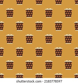 Cup coffee seamless pattern in retro color. Icon coffee to go. Concept takeaway drink, food. Retro design for print on wrapping paper, packing, wallpaper, fabric. Vector illustration