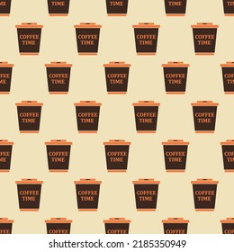 Cup coffee seamless pattern in retro color. Icon coffee to go. Concept takeaway drink, food. Coffee time text. Retro design for print on wrapping paper, wallpaper, fabric. Vector illustration
