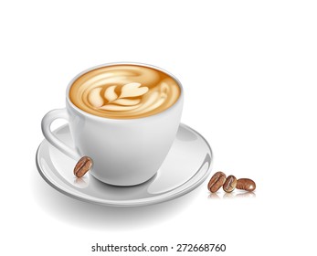 Cup coffee and seed on white background