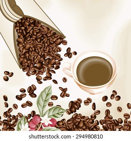 Cup of coffee and coffee seeds background