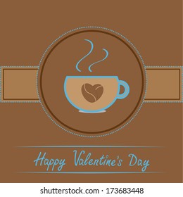 Cup with coffee seeds heart.  Happy Valentines day card. Vector illustration.