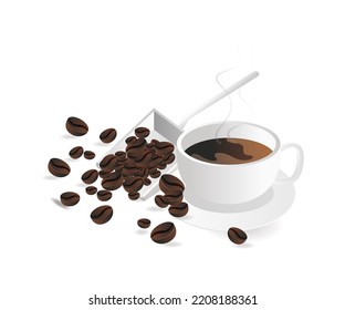 Una taza de café y semillas en ilustración plana isométrica