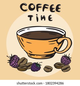 Cup of coffee. Set of coffee beans and berries. Suitable for banners, cards, menus, cafe and restaurant decoration.