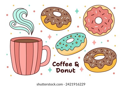 Una taza de café y un conjunto de donuts. Dibujado a mano. Ilustración vectorial.