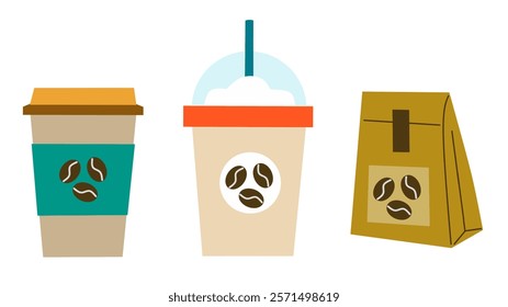 Cup of Coffee Set Illustration in Flat Style. Hot and Iced Beverage Drinks in cups and bag Collection.