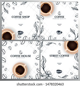 Cup of Coffee. Set of Sketch banners with coffee beans and leaves for poster or another template design