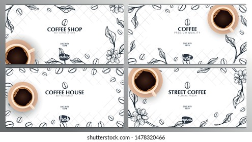 Cup of Coffee. Set of Sketch banners with coffee beans and leaves for poster or another template design