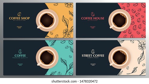 Cup of Coffee. Set of Sketch banners with coffee beans and leaves on colorful background for poster or another template design