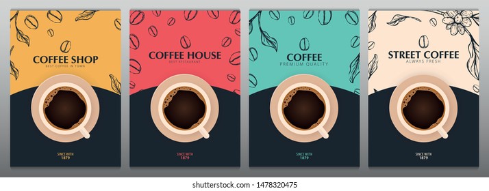 Cup of Coffee. Set of Sketch banners with coffee beans and leaves on colorful background for poster or another template design