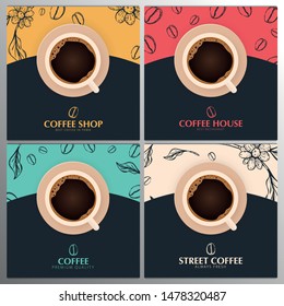 Cup of Coffee. Set of Sketch banners with coffee beans and leaves on colorful background for poster or another template design