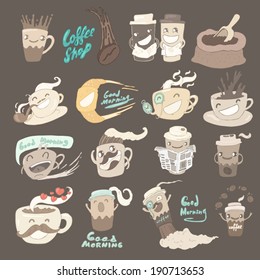 cup of coffee set, wonderful breakfast, vector illustration, hand drawn