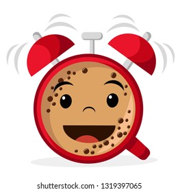 Cup of coffee in the shape of an alarm clock smiles on a white background.