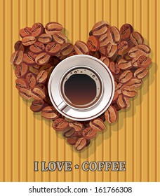 Cup of coffee with shape of heart made up of beans. Vector illustration