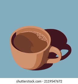 Taza de café con una sombra nítida, estilo de dibujos animados, ilustración vectorial plana.