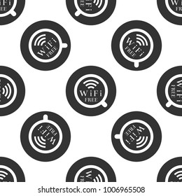 Cup of coffee shop with free wifi zone sign. Internet connection placard icon seamless pattern on white background. Flat design. Vector Illustration