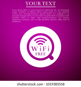 Cup of coffee shop with free wifi zone sign. Internet connection placard icon isolated on purple background. Flat design. Vector Illustration